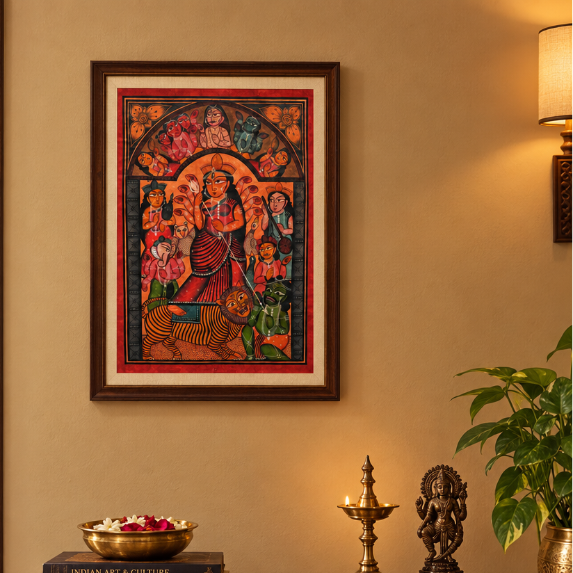Maa Durga - Kalighat Painting, handmade Kalighat folk painting from India