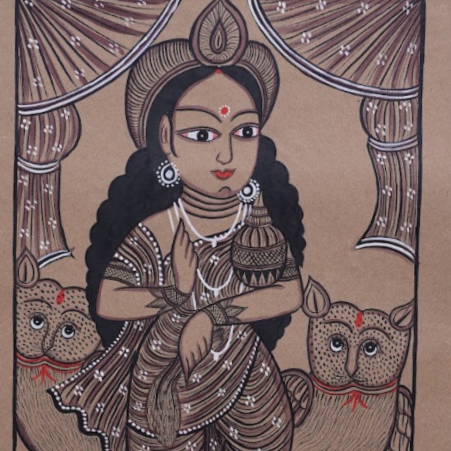 Maa Lakshmi on Lotus with Owls - Kalighat Painting - view 3, handmade Kalighat folk painting from India