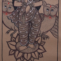 Maa Lakshmi on Lotus with Owls - Kalighat Painting - view 4, handmade Kalighat folk painting from India