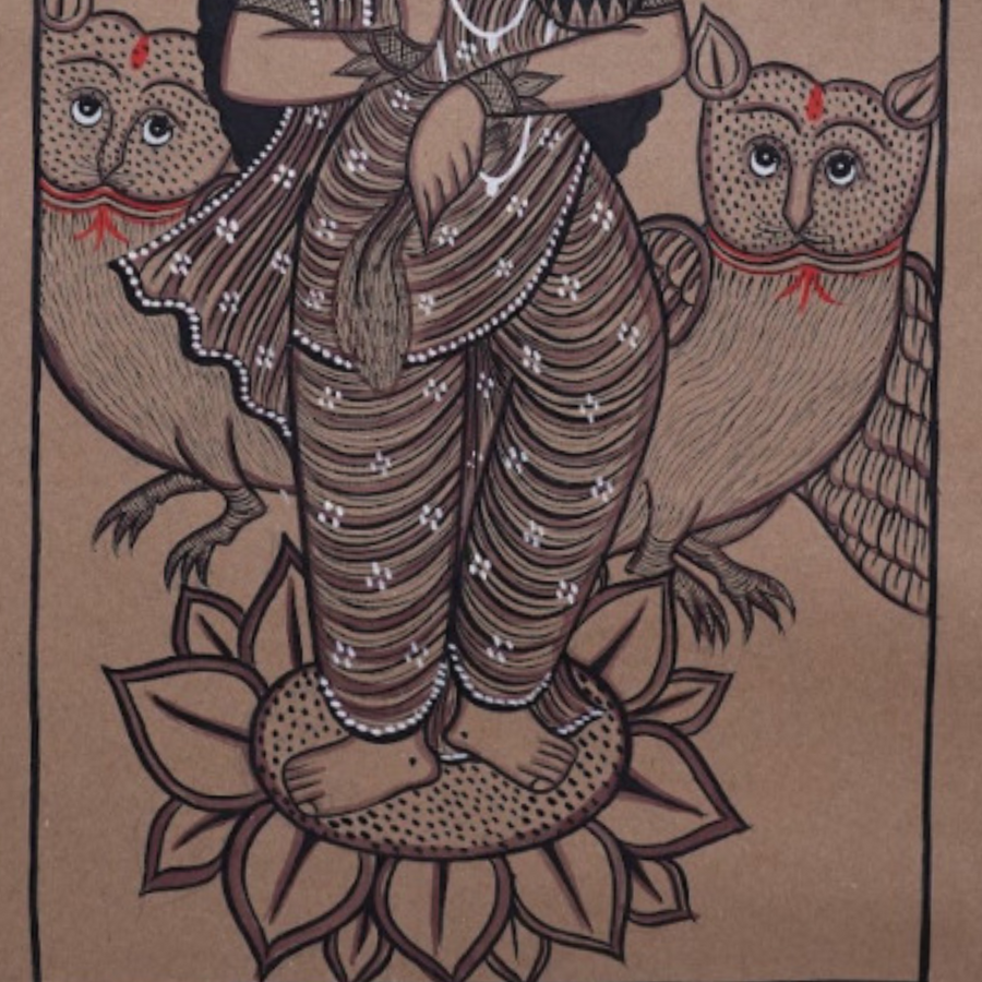 Maa Lakshmi on Lotus with Owls - Kalighat Painting - view 4, handmade Kalighat folk painting from India