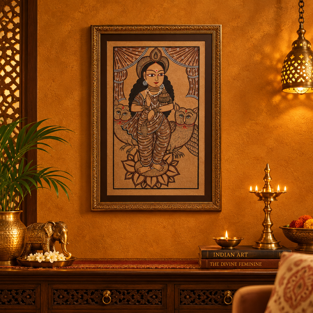 Maa Lakshmi on Lotus with Owls - Kalighat Painting, handmade Kalighat folk painting from India
