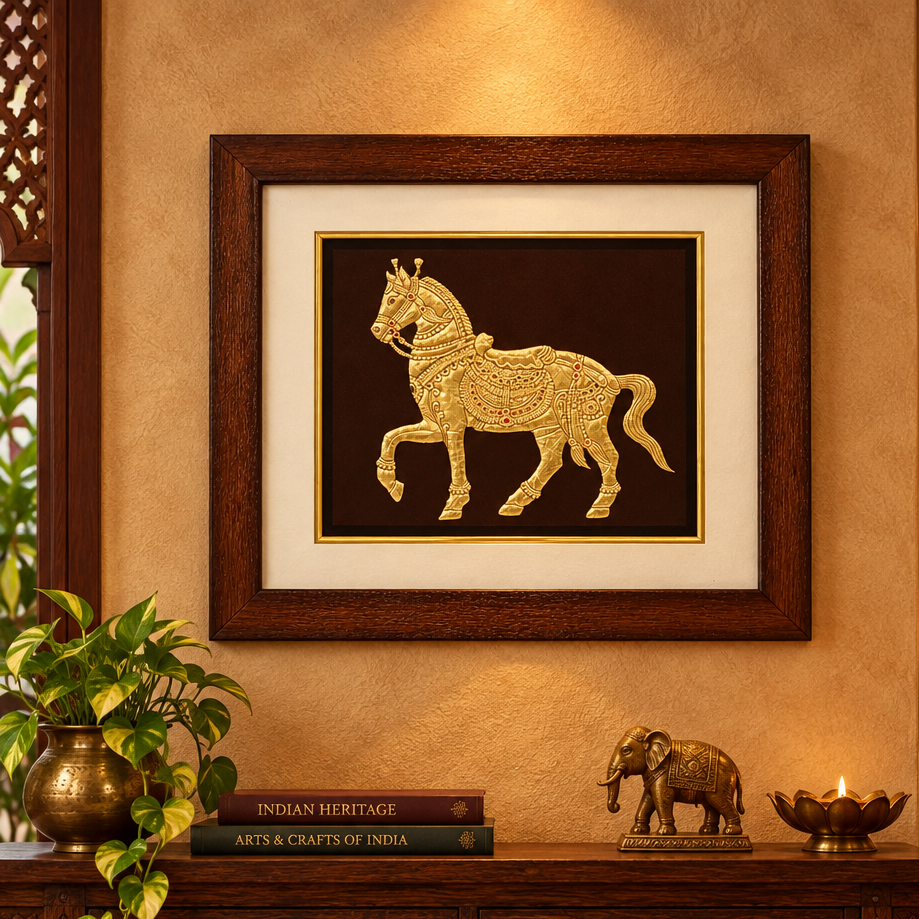 Majestic Golden Horse - Mysore Painting, handmade Mysore painting from India