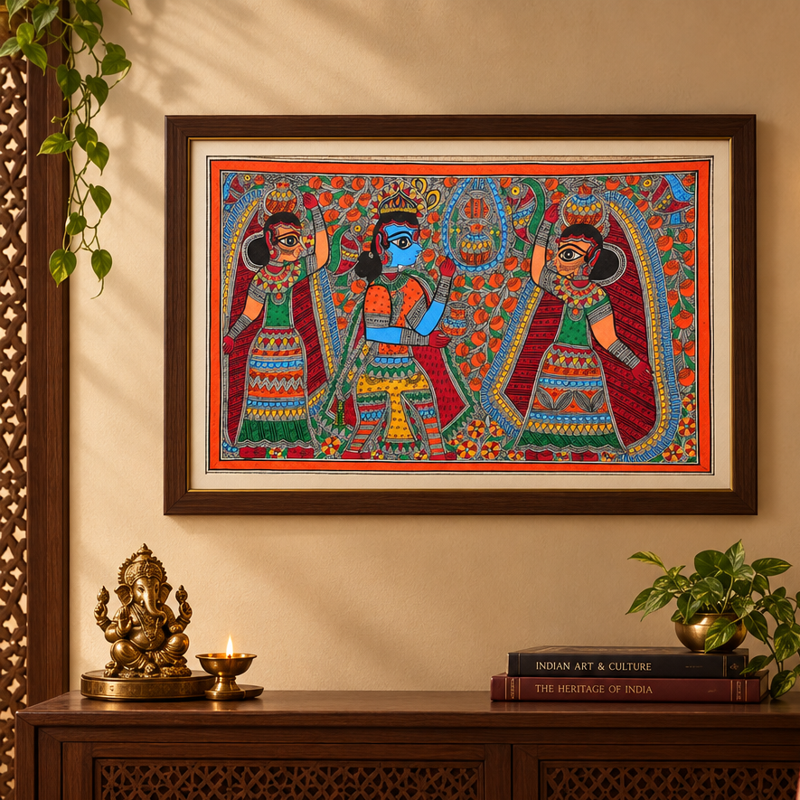 Makhan Leela - Madhubani Painting, handmade Madhubani painting from India