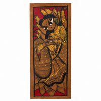 Mata Lakshmi on Lotus - Kalighat Painting, handmade Kalighat folk painting from India