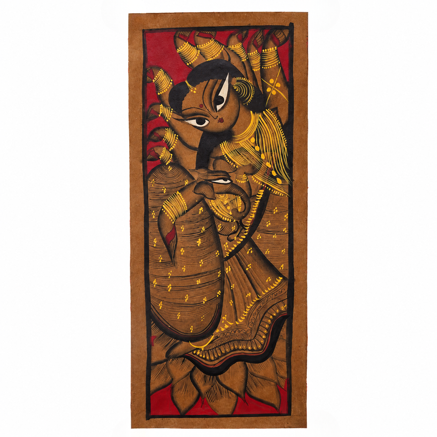 Mata Lakshmi on Lotus - Kalighat Painting, handmade Kalighat folk painting from India