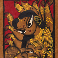 Mata Lakshmi on Lotus - Kalighat Painting - view 3, handmade Kalighat folk painting from India
