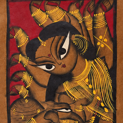 Mata Lakshmi on Lotus - Kalighat Painting - view 3, handmade Kalighat folk painting from India