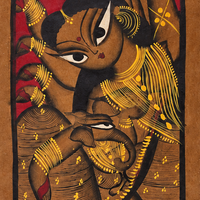 Mata Lakshmi on Lotus - Kalighat Painting - view 4, handmade Kalighat folk painting from India