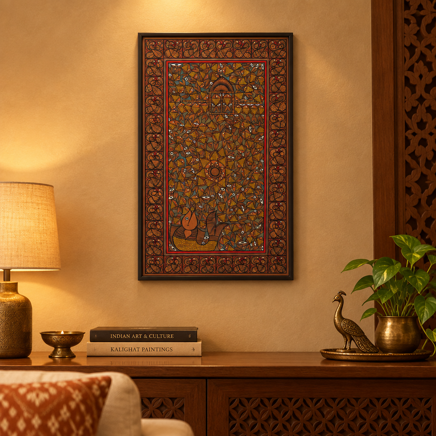 Matsya and Mayur - Kalighat Painting, handmade Kalighat folk painting from India