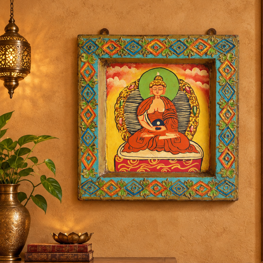 Meditative Buddha - Tibetan Hand-Painted Wall Hanging, handmade Tibetan wall hanging from India