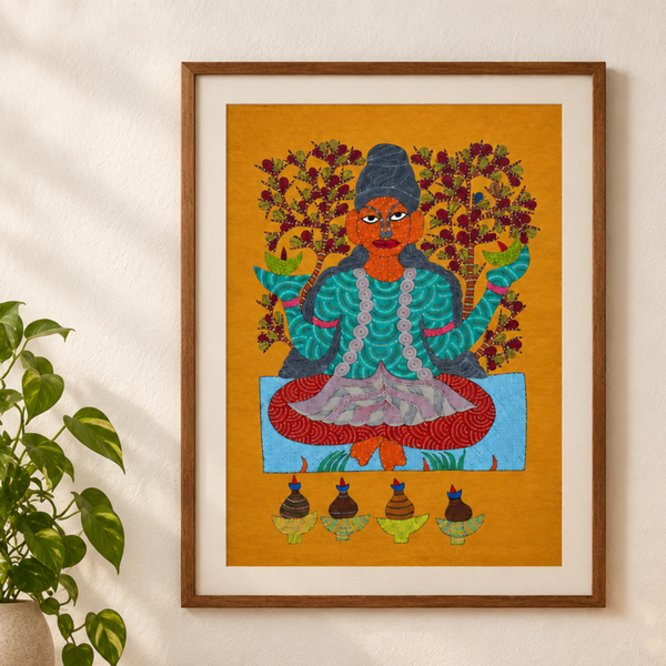 Meditative Tribal Woman - Gond Painting, handmade Gond folk painting from India