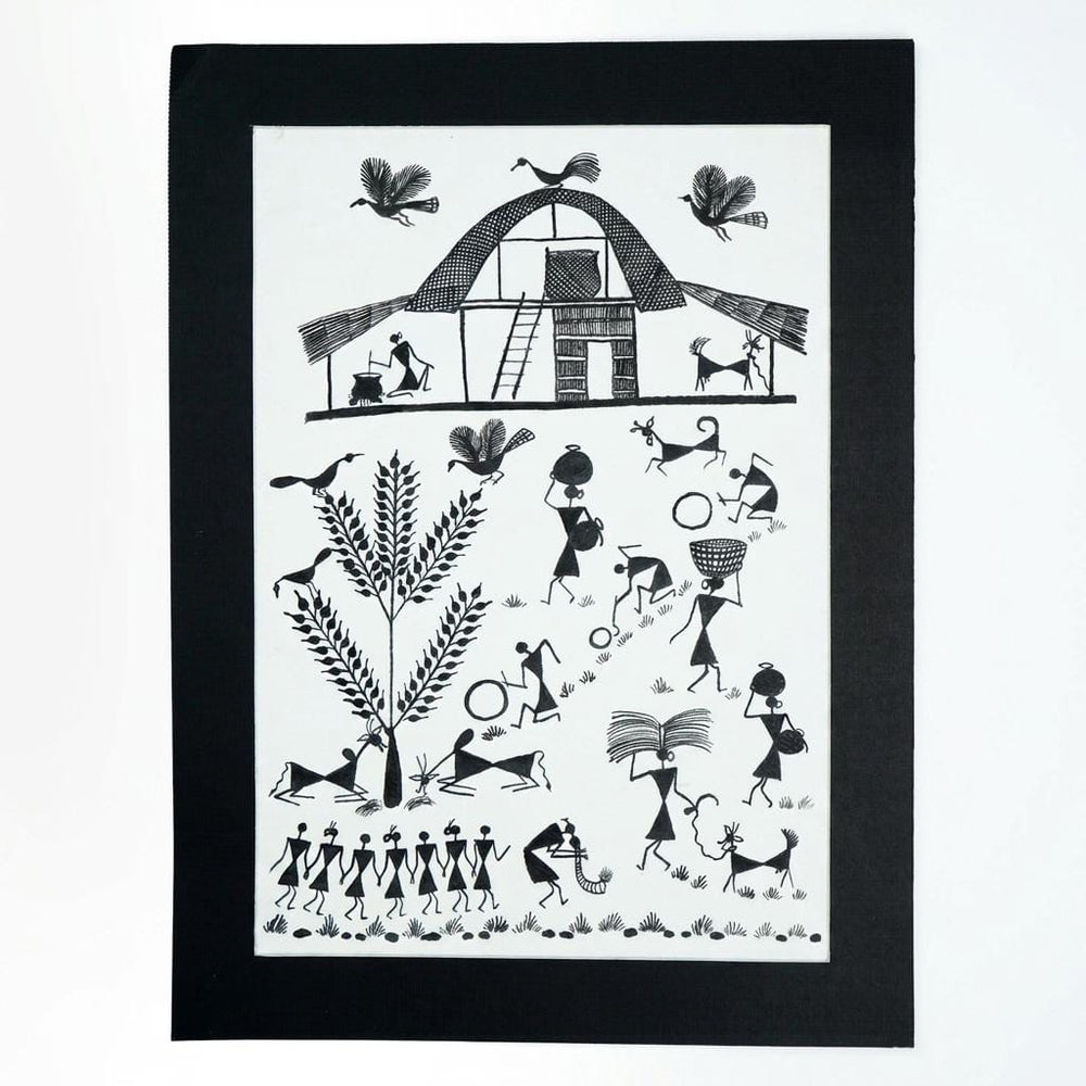Morning Rhythms of Village Life - Warli Paper Painting, handmade Warli folk painting from India