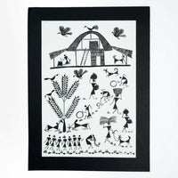 Morning Rhythms of Village Life - Warli Paper Painting, handmade Warli folk painting from India