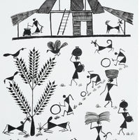 Morning Rhythms of Village Life - Warli Paper Painting - view 2, handmade Warli folk painting from India