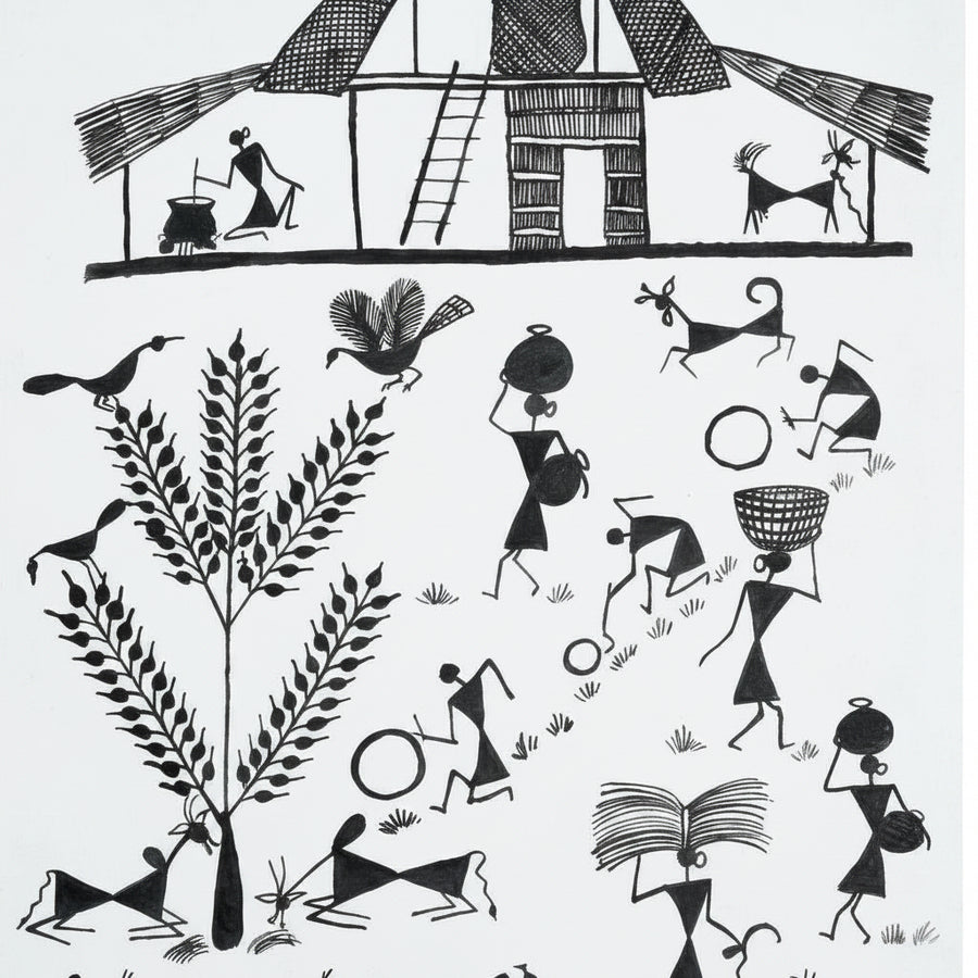 Morning Rhythms of Village Life - Warli Paper Painting - view 2, handmade Warli folk painting from India