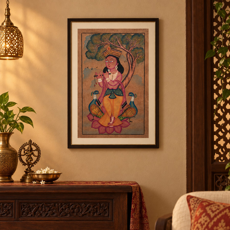 Murlidhar - Kalighat Painting, handmade Kalighat folk painting from India