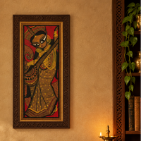 Musical Saraswati - Kalighat Painting, handmade Kalighat folk painting from India