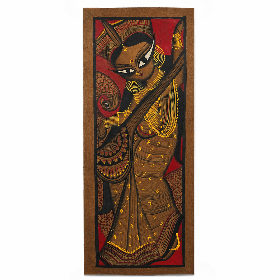 Musical Saraswati - Kalighat Painting, handmade Kalighat folk painting from India