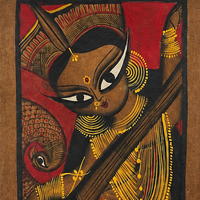Musical Saraswati - Kalighat Painting - view 3, handmade Kalighat folk painting from India