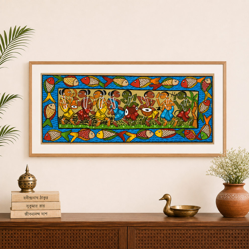 Naach Gaan - Kalighat Painting, handmade Kalighat folk painting from India