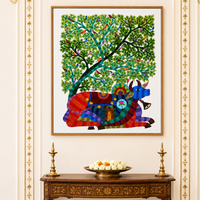 Nandi Beneath the Sacred Tree - Gond Painting, handmade Gond folk painting from India