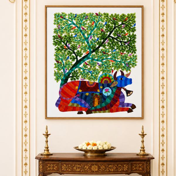 Nandi Beneath the Sacred Tree - Gond Painting, handmade Gond folk painting from India