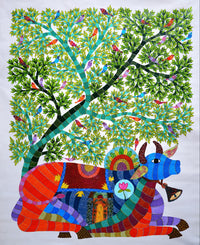 Nandi Beneath the Sacred Tree - Gond Painting - view 2, handmade Gond folk painting from India