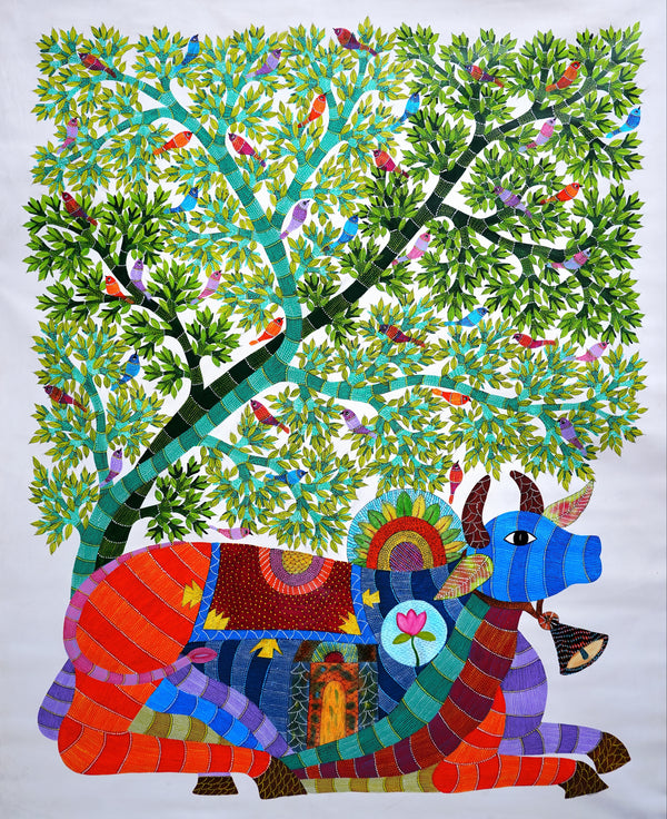 Nandi Beneath the Sacred Tree - Gond Painting - view 2, handmade Gond folk painting from India