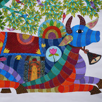 Nandi Beneath the Sacred Tree - Gond Painting - view 3, handmade Gond folk painting from India