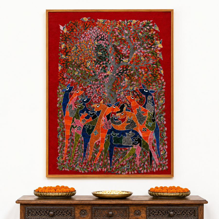 Nature's Grand Gathering - Gond Paper Painting, handmade Gond folk painting from India