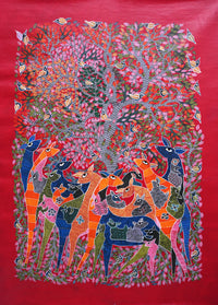 Nature's Grand Gathering - Gond Paper Painting - view 2, handmade Gond folk painting from India