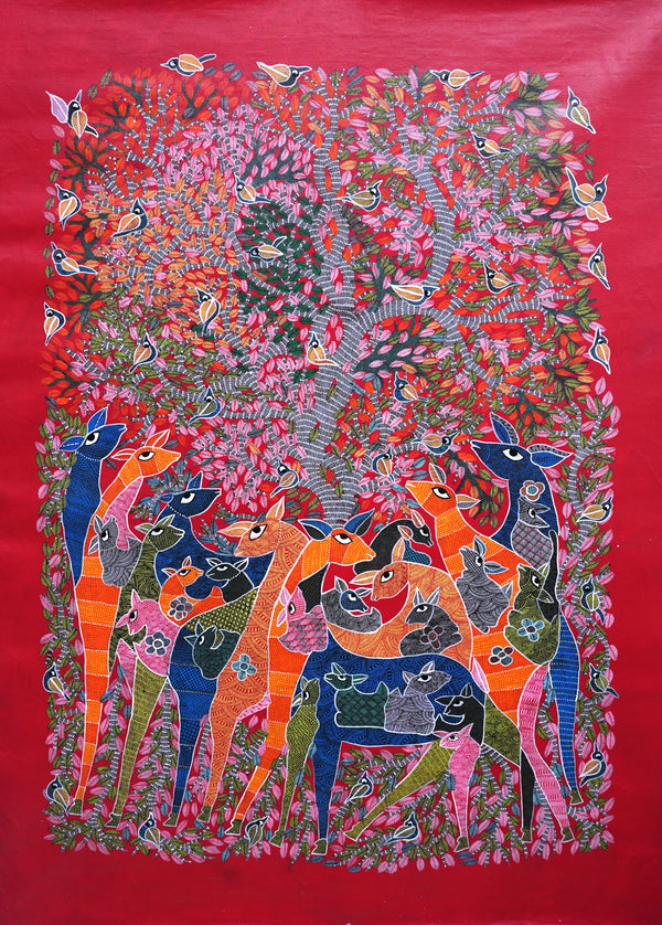 Nature's Grand Gathering - Gond Paper Painting - view 2, handmade Gond folk painting from India