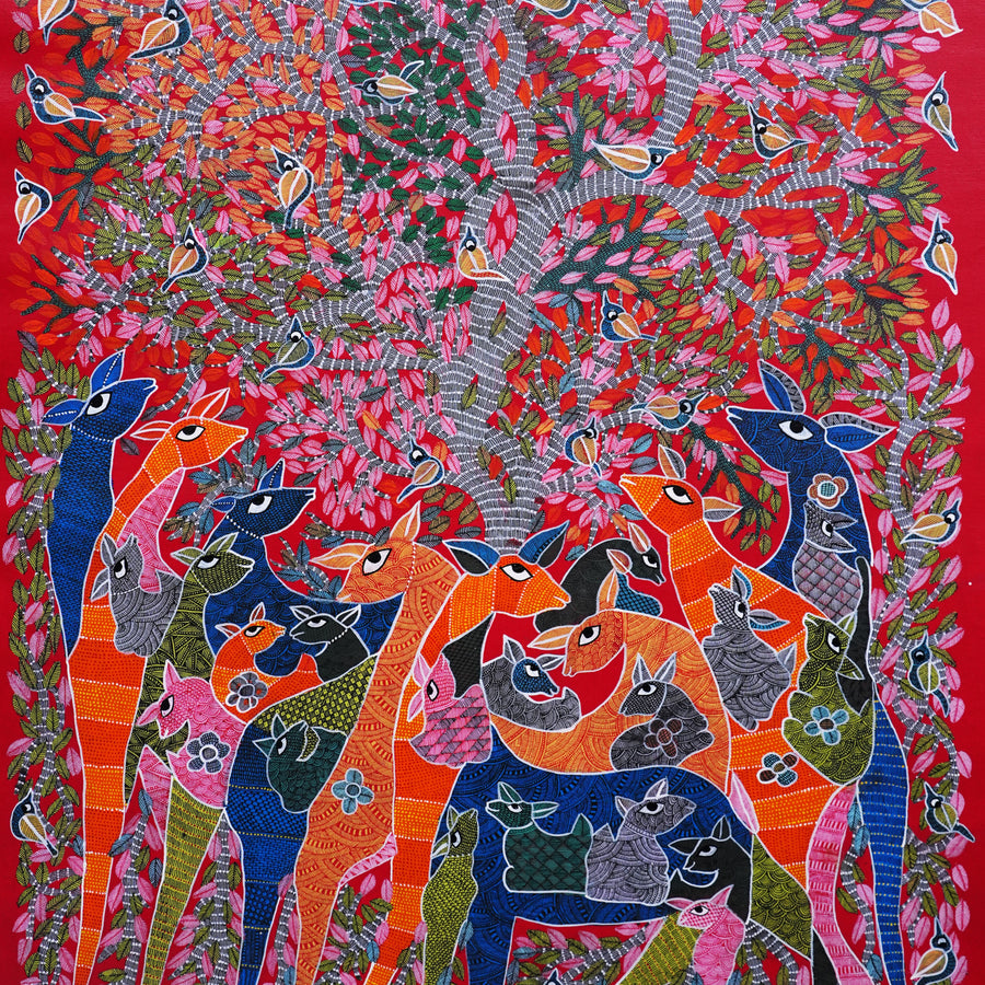 Nature's Grand Gathering - Gond Paper Painting - view 3, handmade Gond folk painting from India