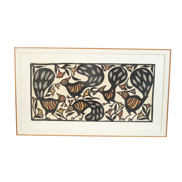 Nature's Beauty with Peacocks - Sohrai Painting with wooden frame, handmade Sohrai tribal painting from India