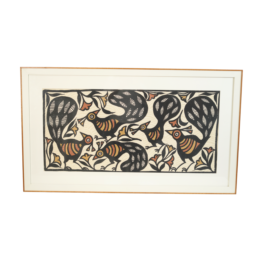 Nature's Beauty with Peacocks - Sohrai Painting with wooden frame, handmade Sohrai tribal painting from India