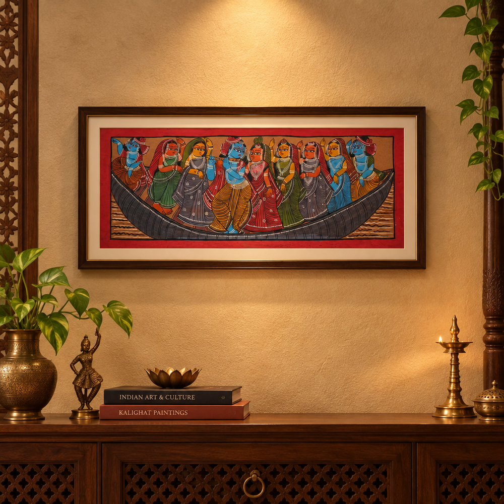 Nauka Vihar - Kalighat Painting, handmade Kalighat folk painting from India
