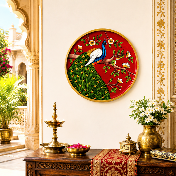 Peacock - Wooden Panel Pichwai Painting, handmade pichwai painting from India