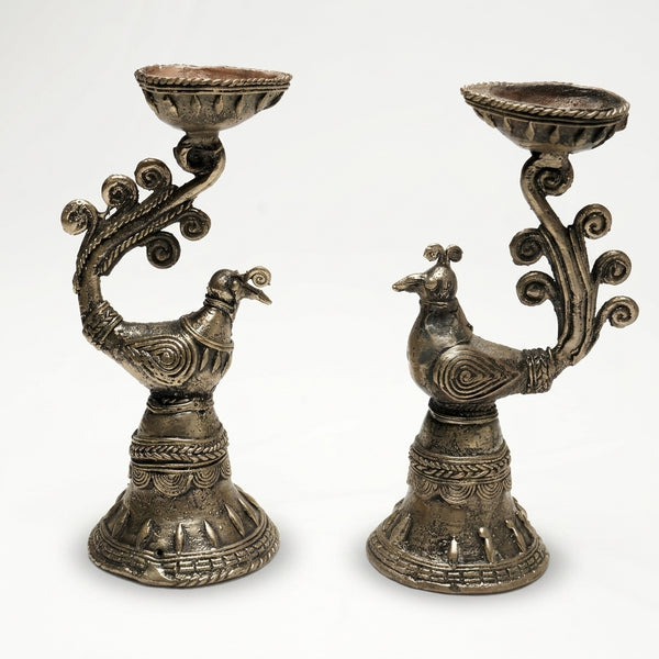 Peacock Diya Stand – Dhokra Metal Art set of 2