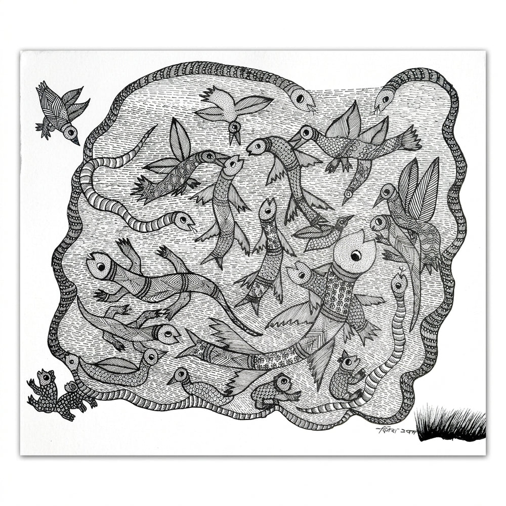 Pond with Snakes & Fish - Gond Paper Painting, handmade Gond folk painting from India