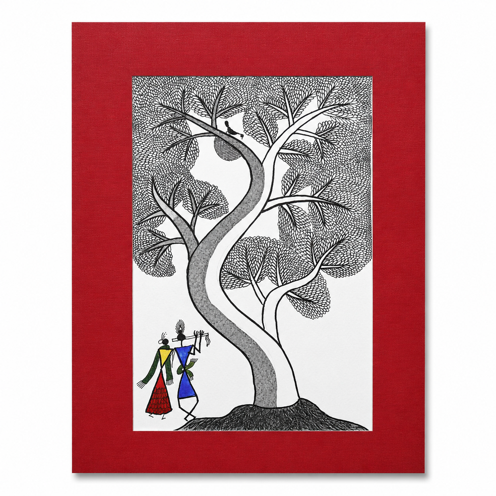 Radha Krishna Beneath the Kadam Tree - Warli Paper Painting, handmade Warli folk painting from India