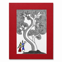 Radha Krishna Beneath the Kadam Tree - Warli Paper Painting, handmade Warli folk painting from India