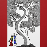 Radha Krishna Beneath the Kadam Tree - Warli Paper Painting - view 2, handmade Warli folk painting from India