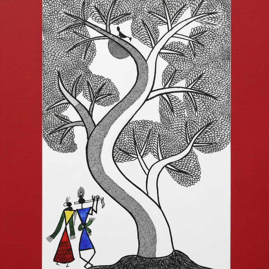 Radha Krishna Beneath the Kadam Tree - Warli Paper Painting - view 2, handmade Warli folk painting from India