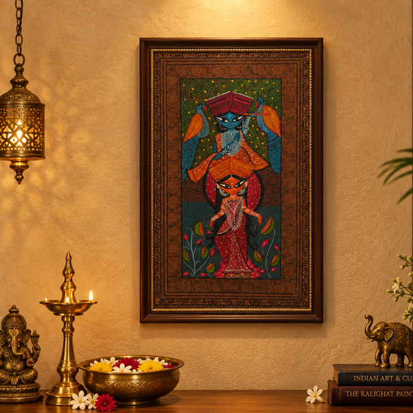 Radha Krishna - Kalighat Painting - view 2, handmade Kalighat folk painting from India