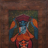 Radha Krishna - Kalighat Painting - view 3, handmade Kalighat folk painting from India