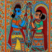 Radha Krishna Mala Milan - Madhubani Painting - view 3, handmade Madhubani painting from India