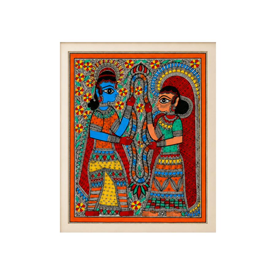 Radha Krishna Mala Milan - Madhubani Painting - view 2, handmade Madhubani painting from India