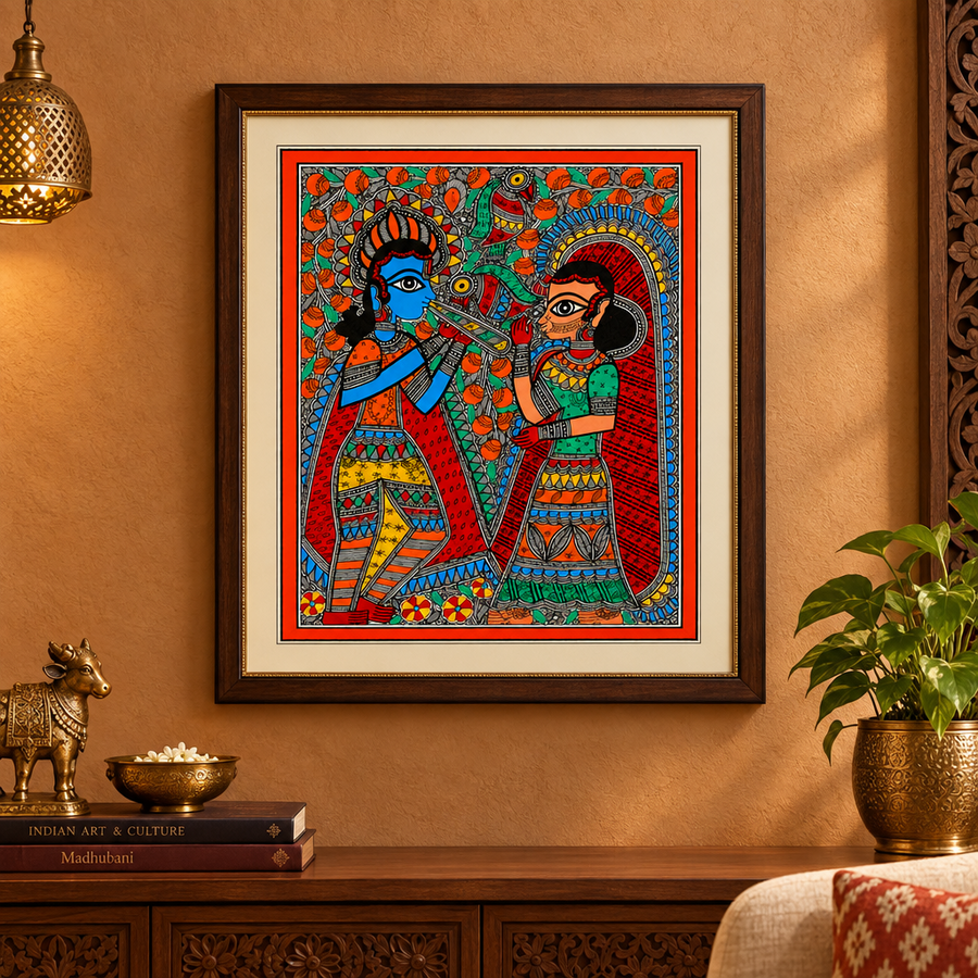 Radha Krishna Milan - Madhubani Painting, handmade Madhubani painting from India