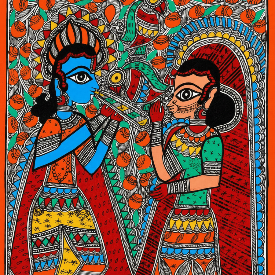 Radha Krishna Milan - Madhubani Painting - view 3, handmade Madhubani painting from India