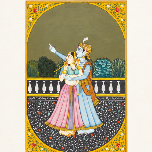 Radha Krishna on the Terrace - Rajasthani Miniature Painting - view 2, handmade Rajasthani miniature painting from India